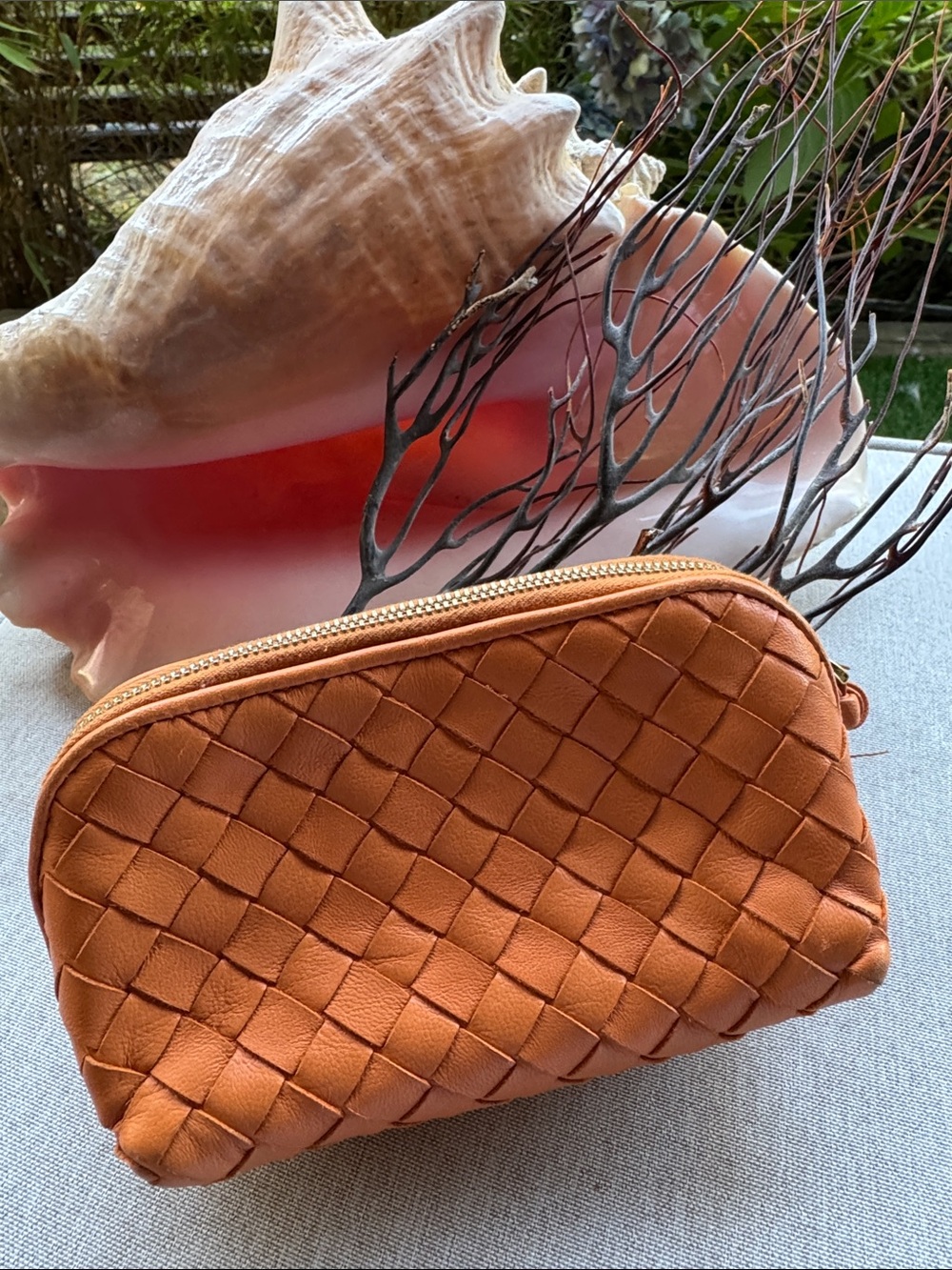 Bottega Veneta Orange Intrecciato Leather Cosmetic Pouch Small
